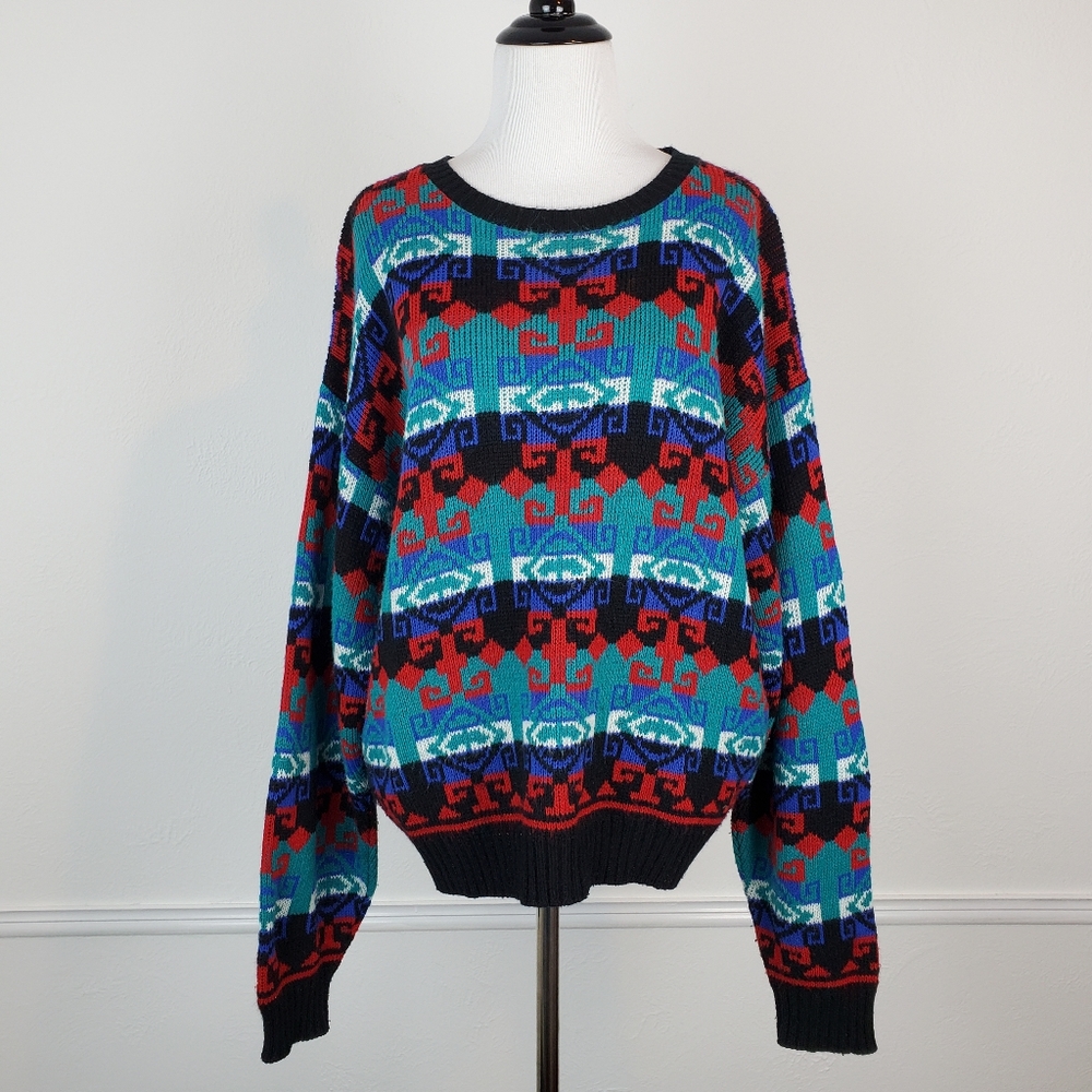 Vintage 80s Sweater Graphic Knit Bold Oversized Striped Green Black Red Retro